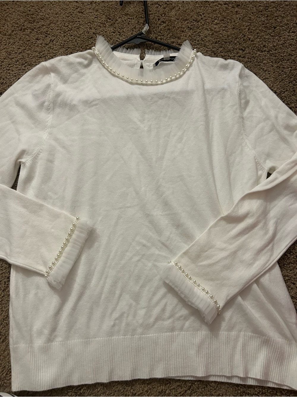 Sioni White Sweater with Pearl & Ruffle Trim